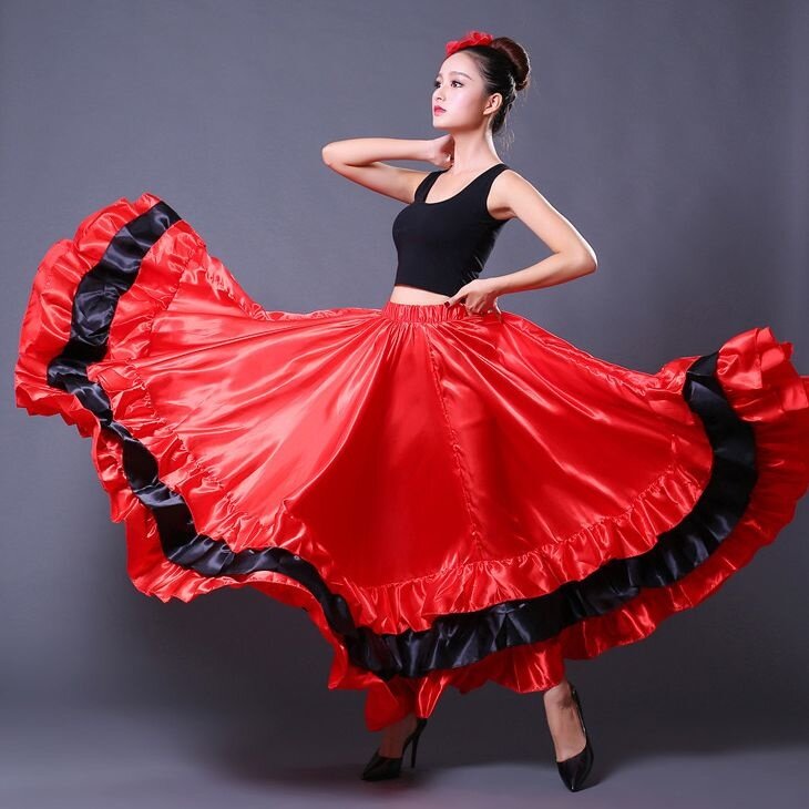 Jupe de flamenco espagnol pour femme gitane, satin polyester lisse, grande balançoire, fête de carnaval, salle de Rh, olympiques de danse du ventre, robe
