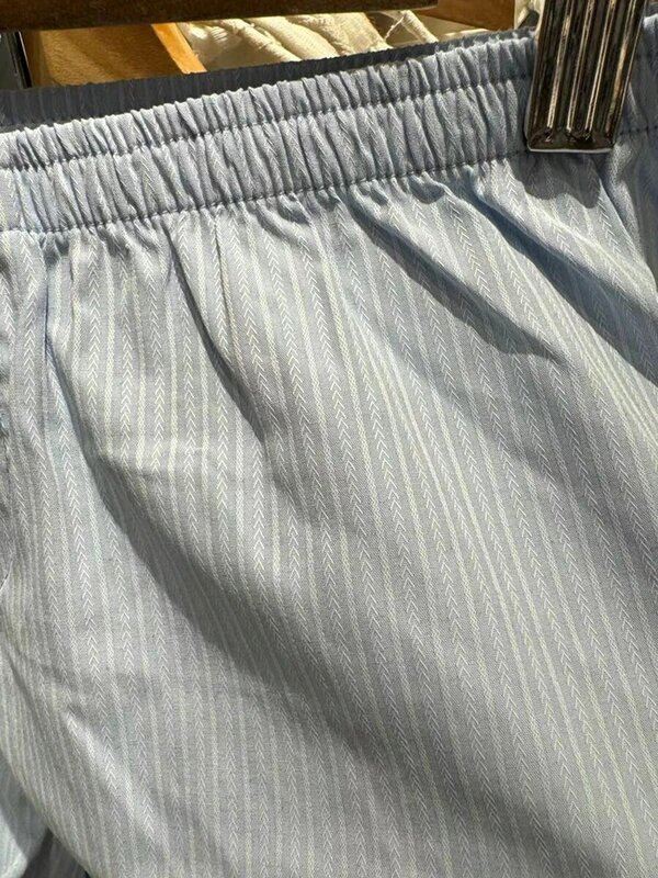 Blau gestreifte lässige Baumwoll shorts Frauen Sommer elastische Taille Knöpfe gerade kurze Hosen Vintage lose süße Home Unterwäsche y2k
