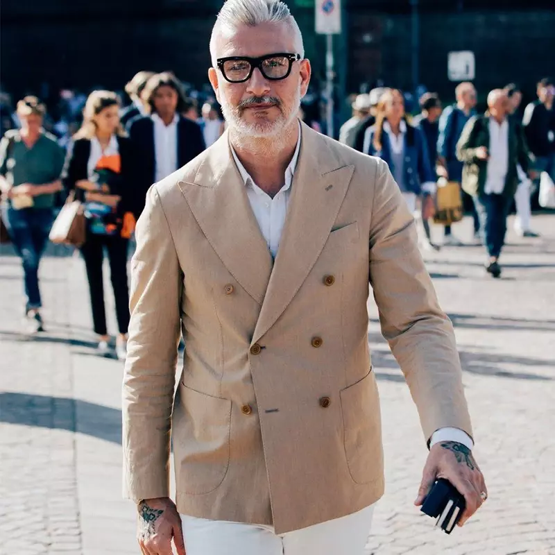 Traje de doble botonadura de lino caqui para Hombre, Blazer ajustado con solapa de pico informal, chaqueta personalizada de alta calidad, moda