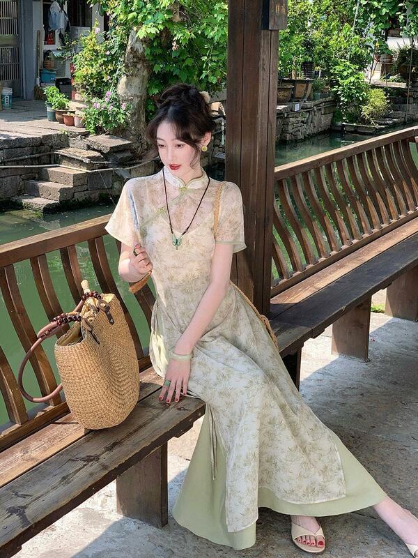 Gaun Cheongsam Hanfu bunga, gaun Cheongsam bambu tradisional gaya Oriental Modern wanita elegan Qipao peningkatan baru Tiongkok
