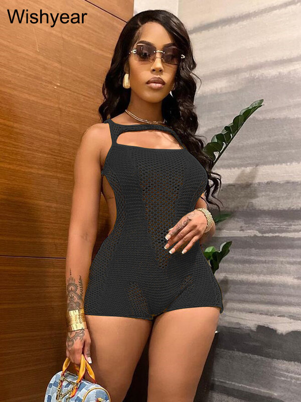 Sexy See Through Hollow Out Knitted Romper Sleeveless Crochet See Through Backless Solid Skinny Summer Beach Playsuits Clubwear