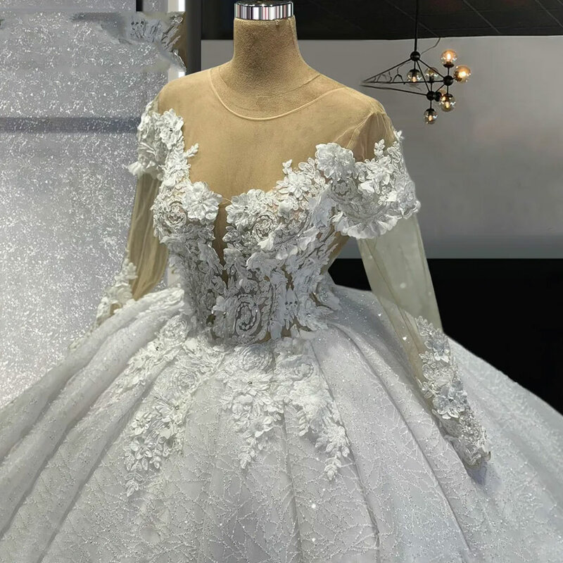 Precioso vestido de novia de princesa con Apliques de encaje, manga larga, vestidos de baile con cuentas, flores 3D, bata de novia de lujo para matrimonio, 2024