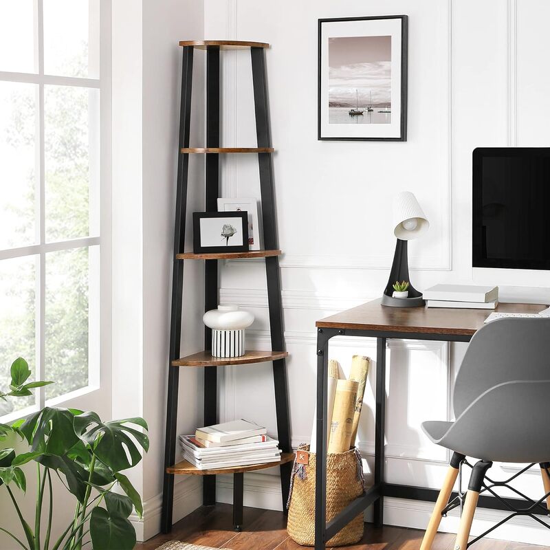 Wooden Plant Shelf Corner Bookcase, Furniture with Metal Frame, Home and Office, 5 Tier, 12.8x13.4x39.6 Inches, Room and Office