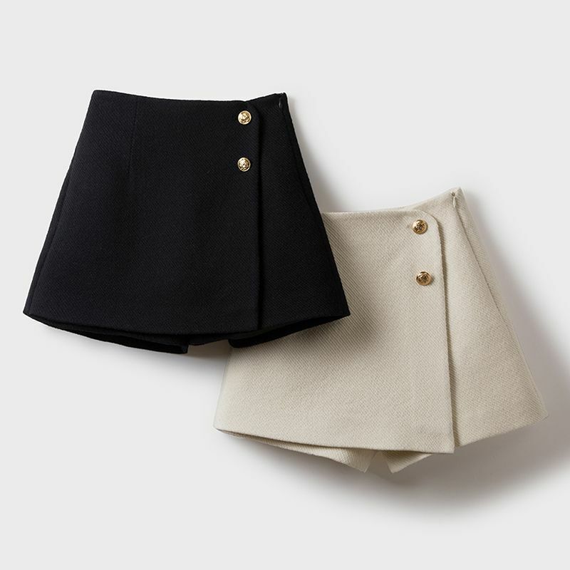 Autumn Winter Patchwork Zipper A-line Shorts Solid High Waist Button A-line Wide Leg Pants Skirt Fashion Casual Women Clothing