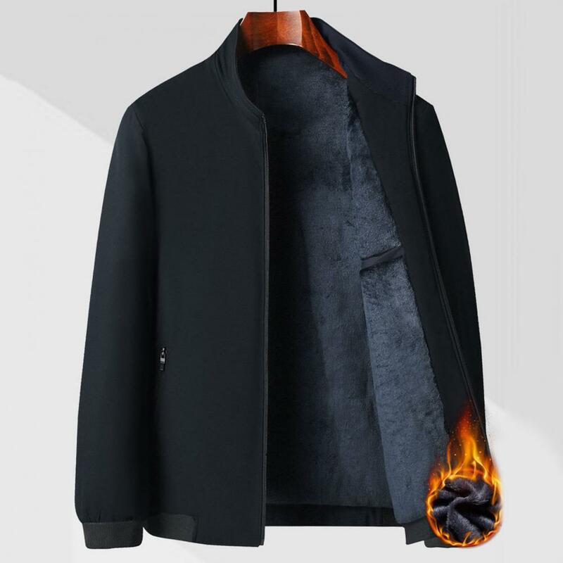 Jaket lapisan bulu tebal hangat pria, jaket musim dingin kerah berdiri warna Solid, pakaian luar untuk kenyamanan maksimal