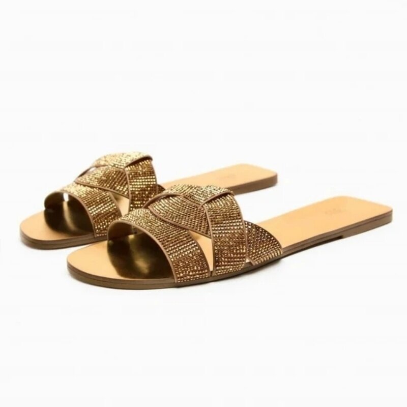Sandálias femininas femininas com strass dourado, sapatos de praia femininos, chinelos peep toe, chinelos plus size, moda casual, verão