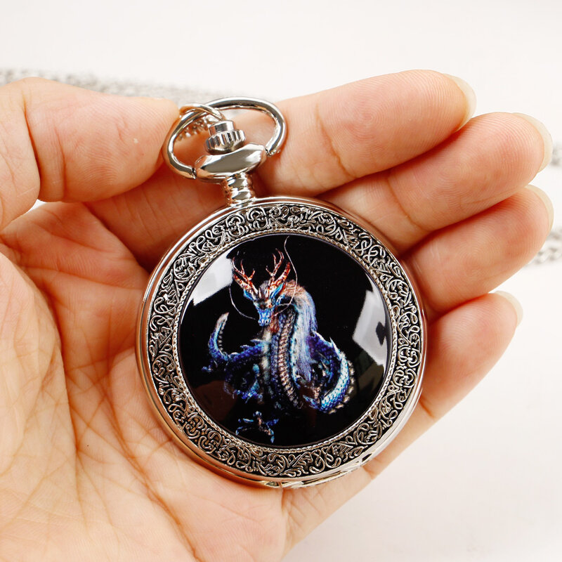 Retro Blue Flying Dragon Patch orologio da tasca al quarzo Steampunk collana catena ciondolo orologio regali uomo donna orologio tascabile