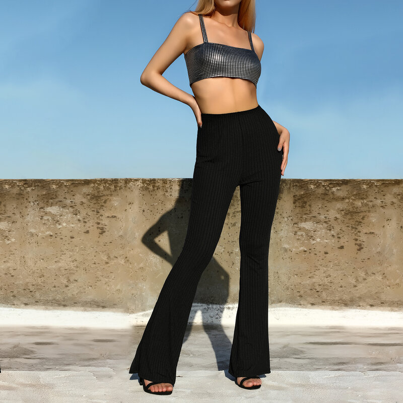 Mode Damen sexy Hosen eng anliegende ausgestellte einfarbige Flare Hose mit hoher Taille lässige Outfits y2k Streetwear Sommer