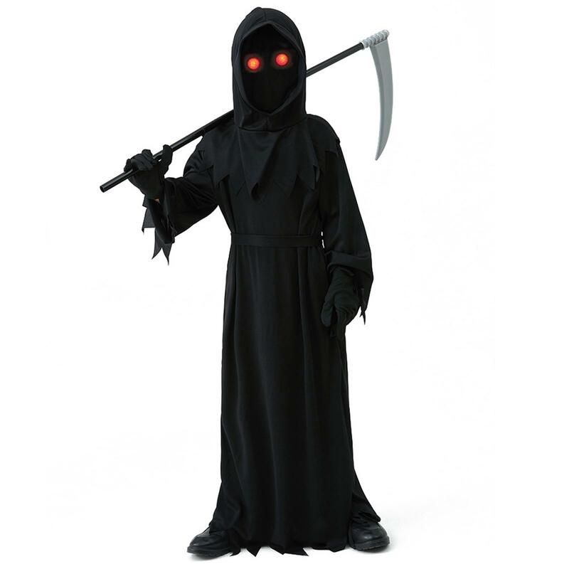 Kostum Halloween Grim Reaper anak-anak, jubah kostum Cosplay anak-anak, Kap menakutkan, untuk pertunjukan panggung, topeng pesta