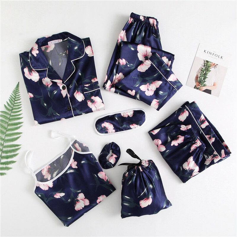 Conjunto de pijamas elegantes de seda para mujer, de 7 piezas ropa de dormir, pantalones cortos a rayas, Tops de manga larga, pantalones de cintura elástica, para otoño y primavera