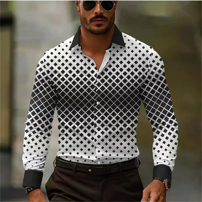 Chemise carrée à carreaux à manches longues pour hommes, revers formel, conception de bouton de mode, vêtements pour hommes, automne, hiver, printemps, été, 2024
