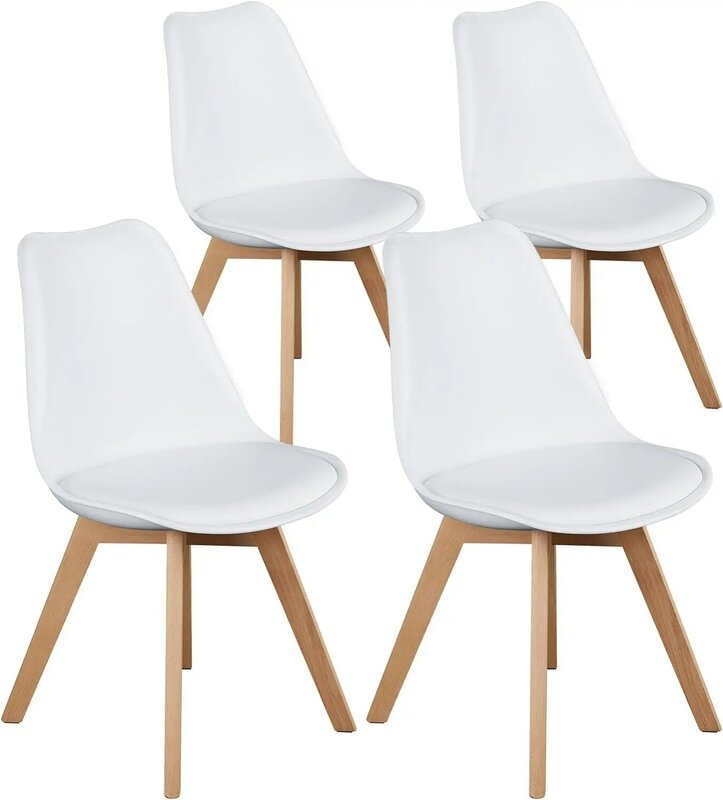 OLIXIS Set kursi makan 4, kursi makan pertengahan abad Modern dengan kaki kayu dan bantal kulit PU, kursi dapur
