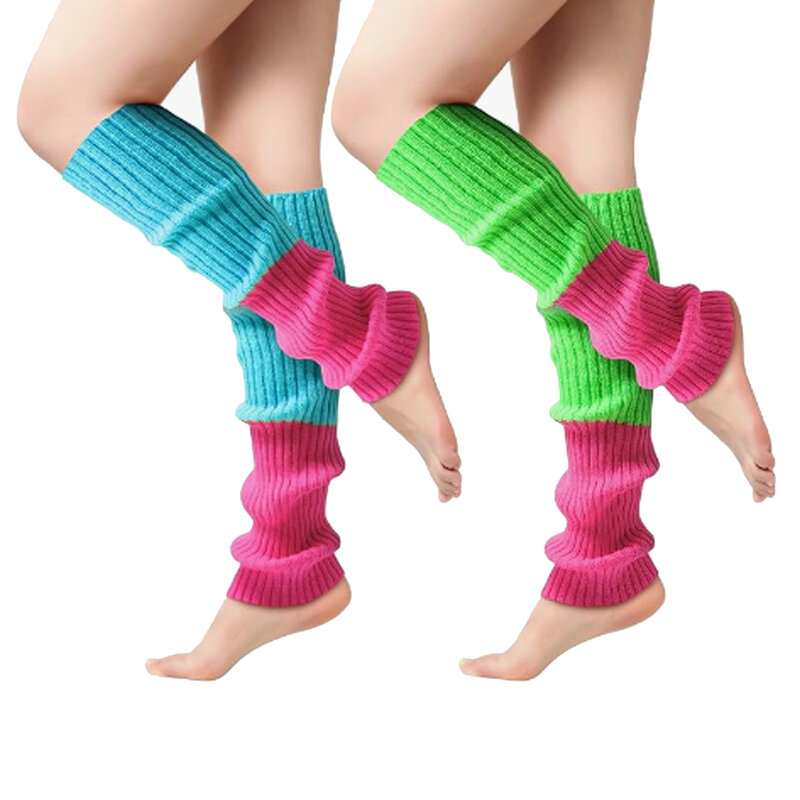 Women 80s Retro Party Ribbed Knit Leg Warmers Neon Rainbow Multicolor Striped Foot Cover Sleeve Ballet Dance Sport Knee High
