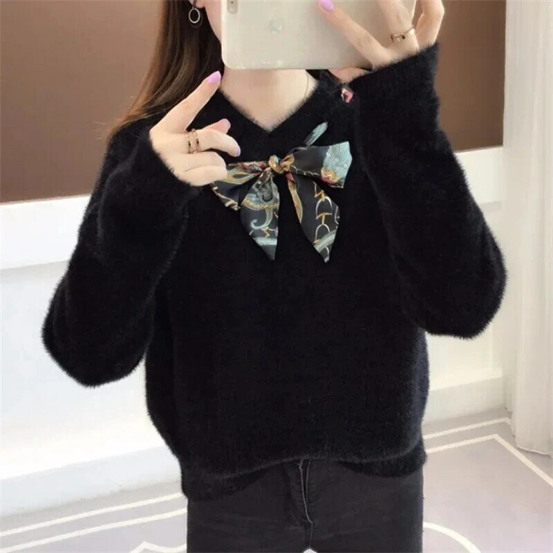 2023 New Winter Women's Sweater Imitate Mink Wool Elastic Casual Sweaters Knitted Tops Pullovers Jumper Soft Warm Pull Femme