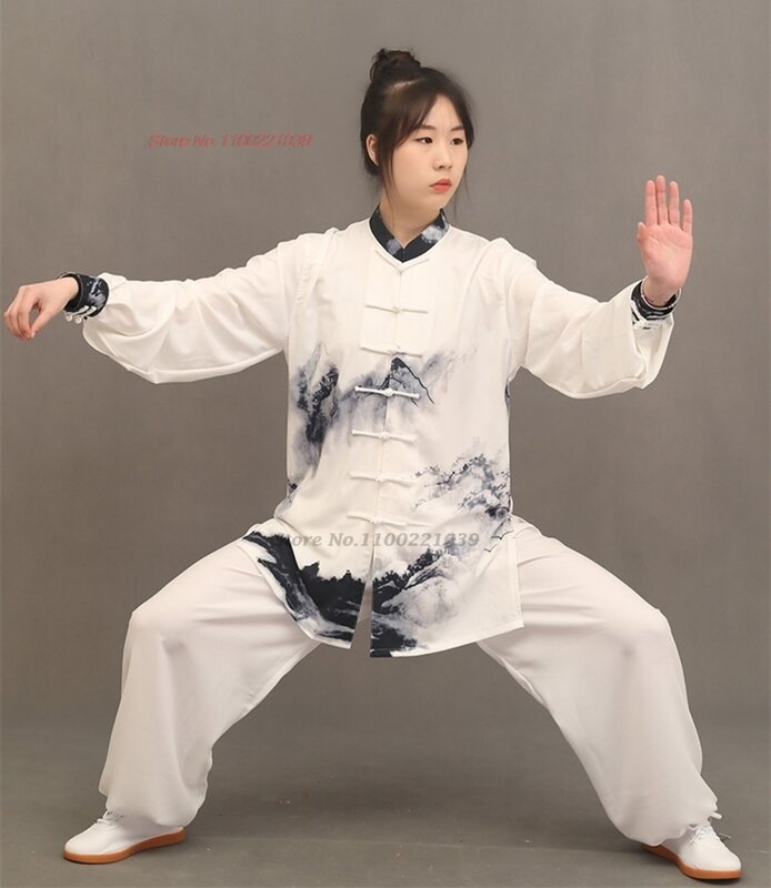 Chinês Vintage uniforme de wushu tai chi, uniforme artes martail, paisagem impressão tops + calças conjunto, kung fu tai chi treinamento roupas exercício, 2024