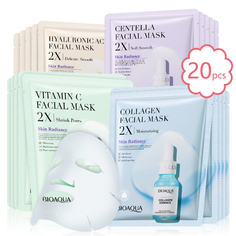 BIOAQUA – masque Facial Centella au collagène, 20 pièces, masques en feuille rafraîchissante hydratante, acide hyaluronique, produits de soins pour la peau