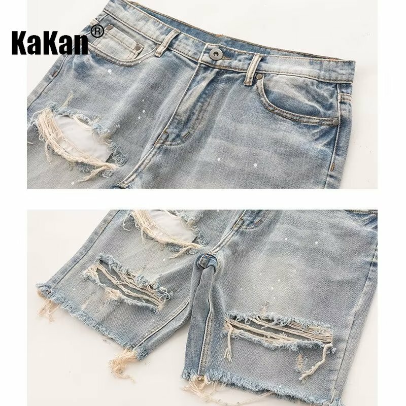 Kakan - New Summer Distressed Denim Shorts for Men, coreano Youth Popular Slim Fitting Small Leg Quarter Pants Jeans K58-DK322