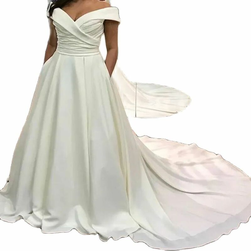 Vestidos de casamento branco A-Line cetim para mulheres, ombro, vestido formal, vestido de noiva aberto, gola querida, ocasião de casamento