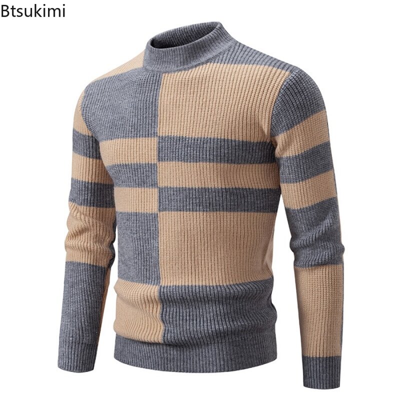 New2024 Autumn Winter Men's Casual Warm Sweater Fashion Trend Knitted Pullover Tops Contrast Mock Neck Knitwear Sweater for Men