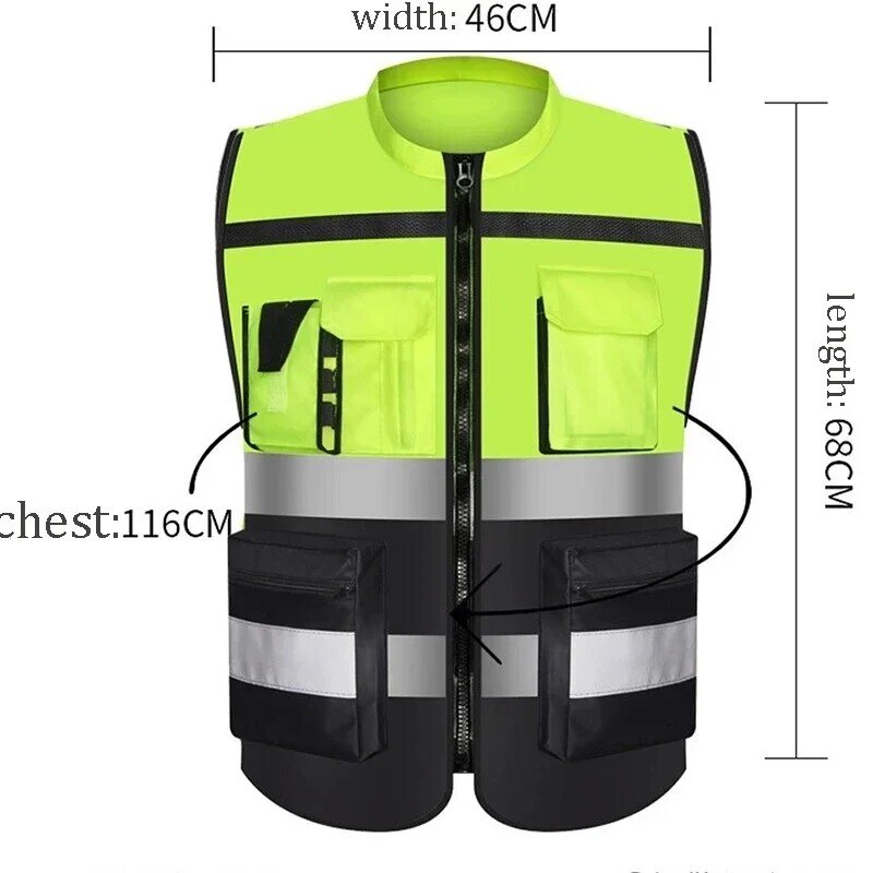 Chaleco de seguridad reflectante de tela Oxford con múltiples bolsillos de alta visibilidad, logotipo personalizado para montar por la noche