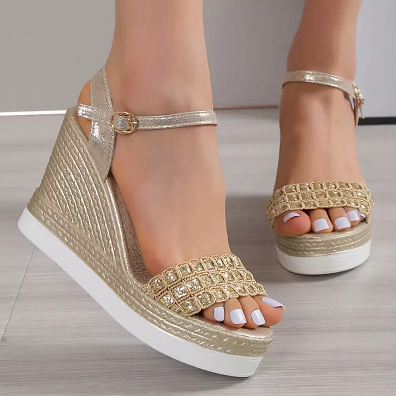 Sandal Wedge berkilau emas perak sandal Platform Chunky Strap gesper wanita sandal musim panas Non-Slip sol tebal Sandalias Mujer