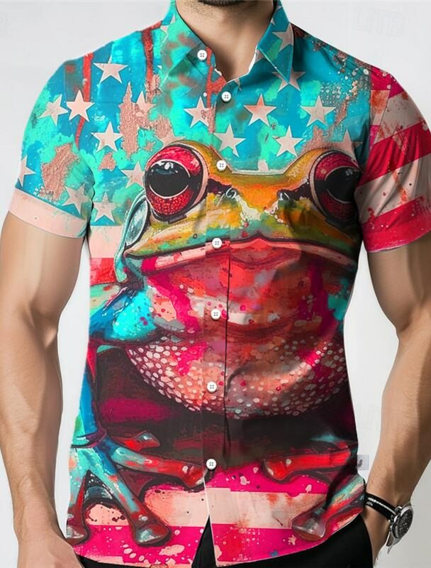 Мужская пляжная рубашка на пуговицах, летняя пляжная рубашка с 3D-принтом лягушки, национального флага, тропический курорт, гавайская 3D-печать, повседневная одежда для отпуска