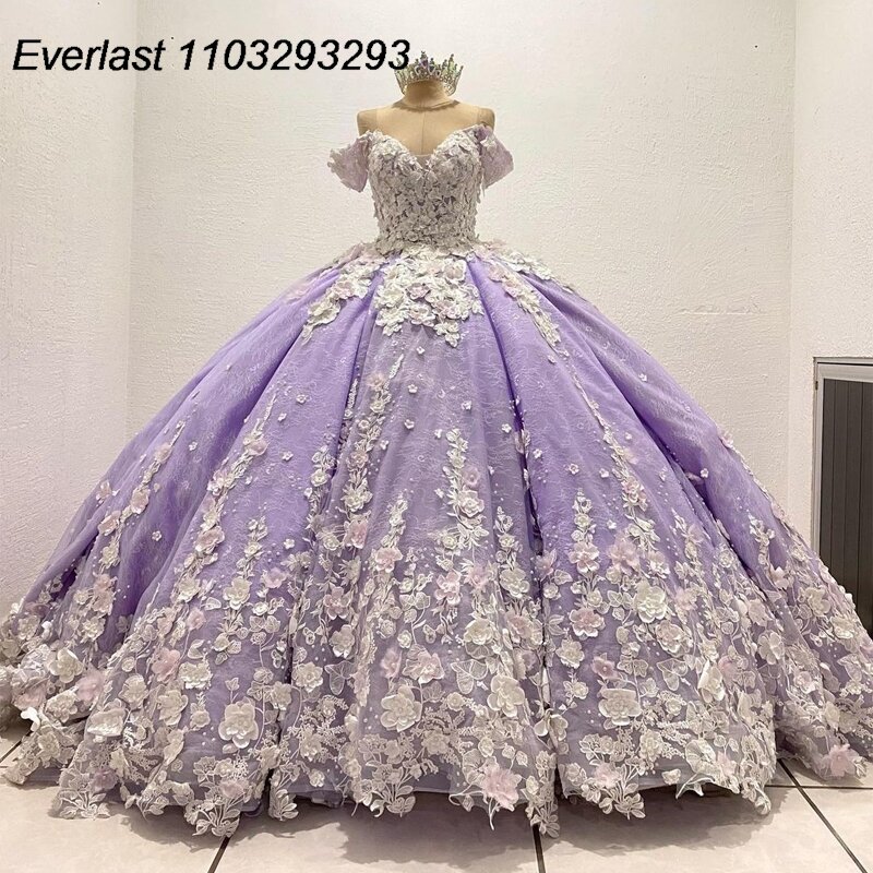 Evlast Glitter Lavendel Quince anera Kleid Ballkleid 3d Blumen Applikationen Spitze Perlen Korsett süß 16 vestido de 15 Anos tqd312