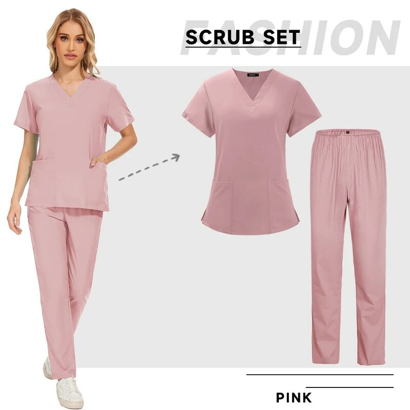Scrub seragam medis wanita, seragam perawat tipis bernafas, atasan Scrub medis celana Scrub elastis, overall Spa