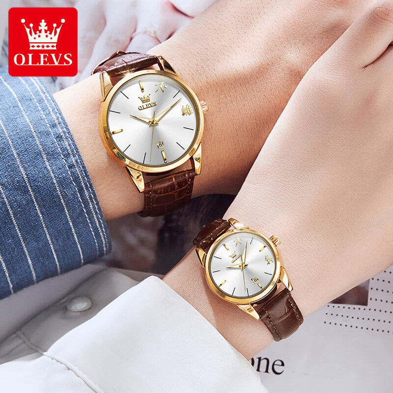 OLEVS jam tangan pasangan, arloji Quartz tali kulit mewah Display China sederhana, kalender tahan air bercahaya Reloj