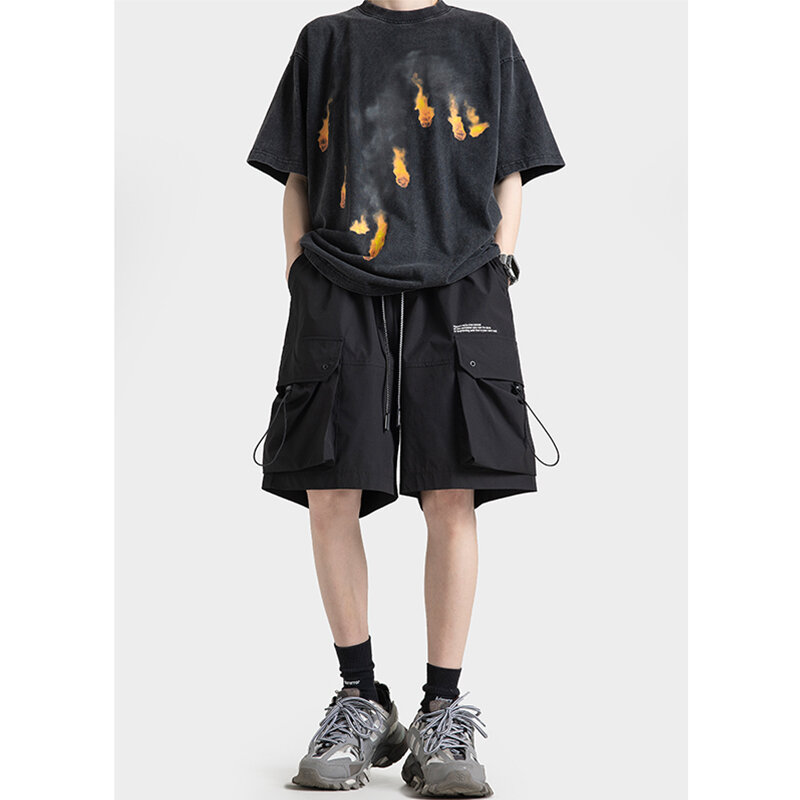 Брюки-карго мужские мешковатые, универсальная уличная одежда до колена для подростков, простая мотобайкерская одежда в Корейском стиле, спортивные брюки в стиле ретро