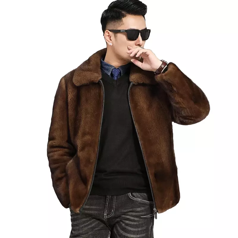 Abrigo de piel auténtica de visón para hombre, chaqueta de piel de visón marrón café, solapa masculina, ropa de caballero de negocios, abrigos de invierno, FCY