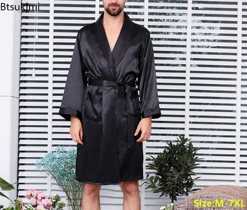 男性用長袖シルクサテンパジャマ,着物準備バスローブ,黒パジャマ,夏,2024