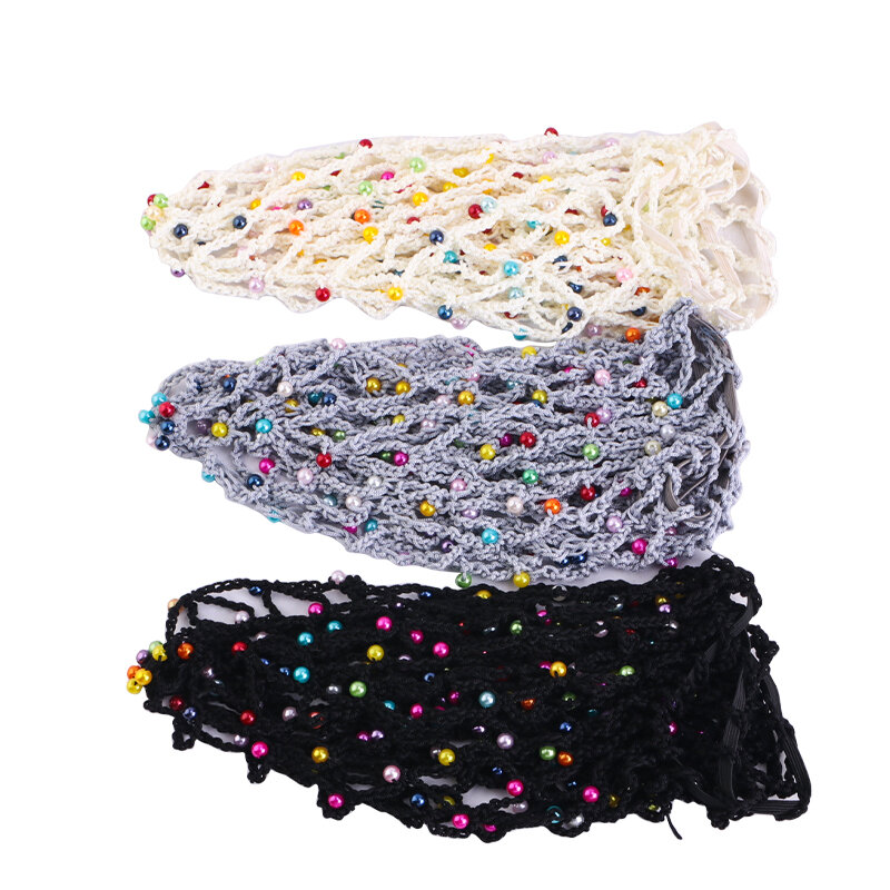 Reti per capelli con perle colorate intarsiate parrucca in cotone con motivo lungo cuffia per tessitura macchina per Base in rete realizzata con rete per capelli per dormire da donna