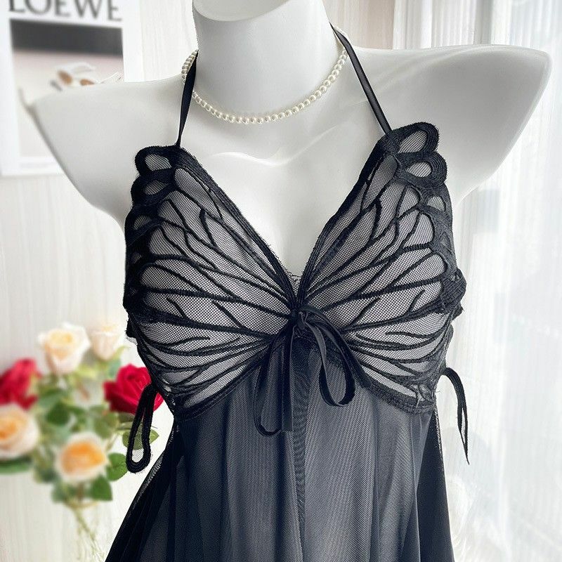 Sexy See-through Lingerie Women Mini Dress V-neck Butterfly Embroidery Backless Nightgowns Loungewear Sleeveless Mesh Lace Dress