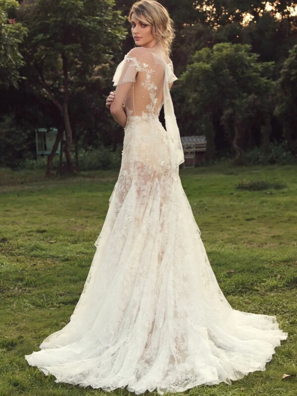 Gaun pernikahan klasik leher-o, gaun pengantin putri duyung bunga 3D payet elegan untuk pengantin wanita panjang selantai