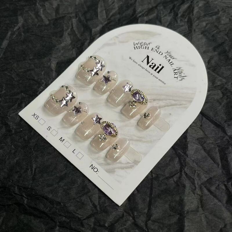 10Pcs Cat Eye Handmade Fake Nails with Saturn Design Pure Color Shiny Press on Nail French Style Short False Art Nail Tips