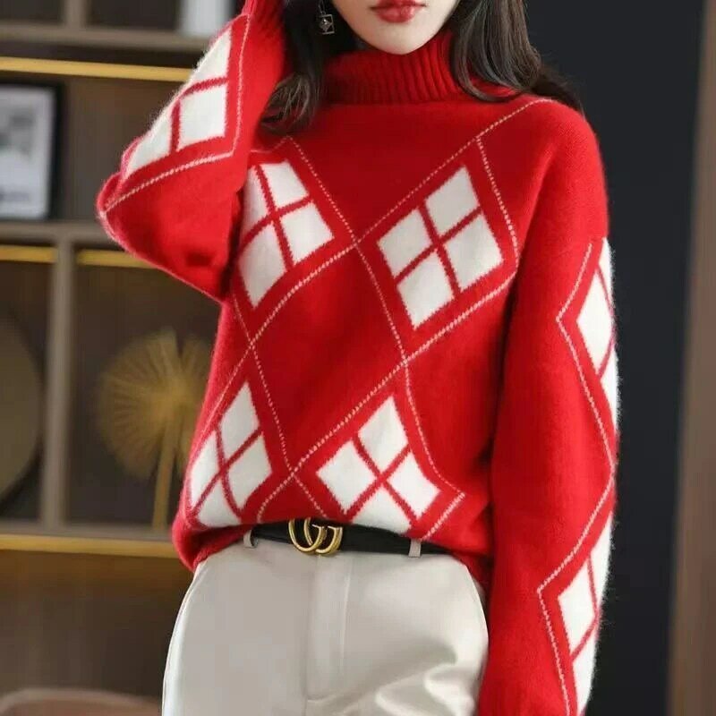 Sweter rajut kotak-kotak wanita, atasan Pullover rajut hangat mode kasual longgar tambal sulam kotak-kotak kerah tinggi musim gugur musim dingin