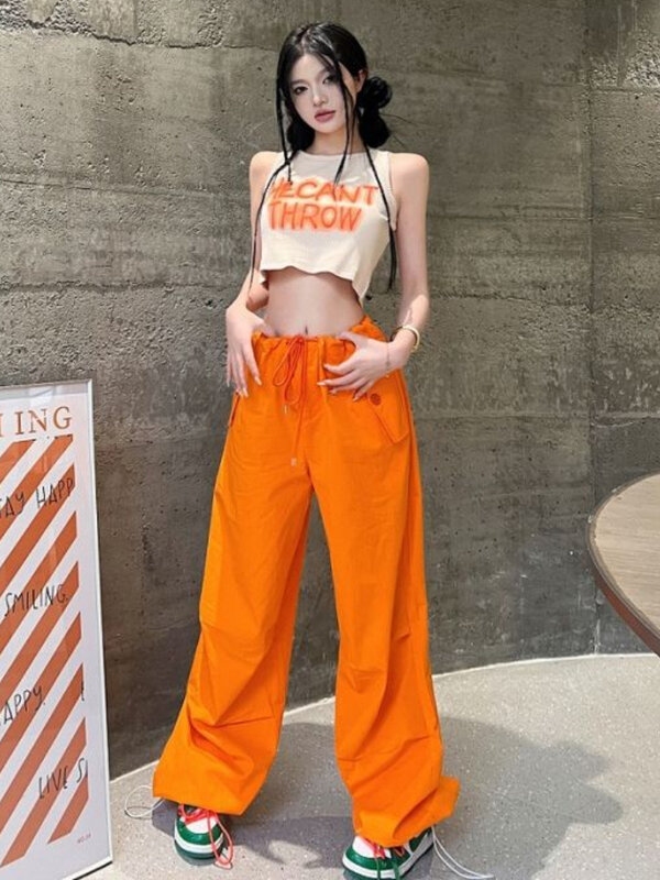 Y2K kobiety Streetwear Cargo spodnie koreański mody pomarańczowy Baggy proste spodnie dorywczo stałe szerokie nogawki kieszenie biegaczy