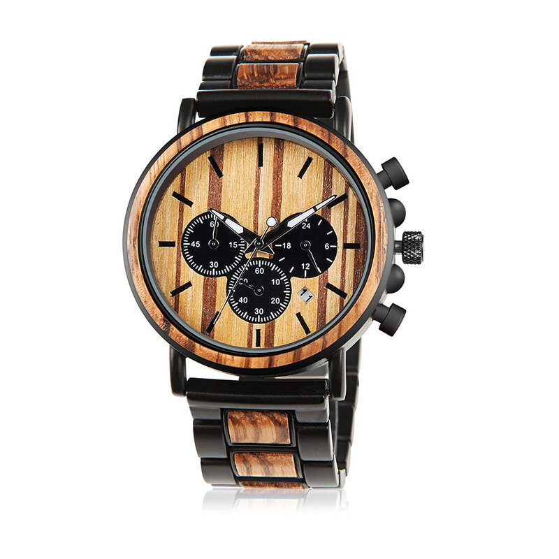 Relógios de madeira elegantes para homens, madeira e aço inoxidável, cronógrafo combinado, quartzo militar, relógio de pulso casual