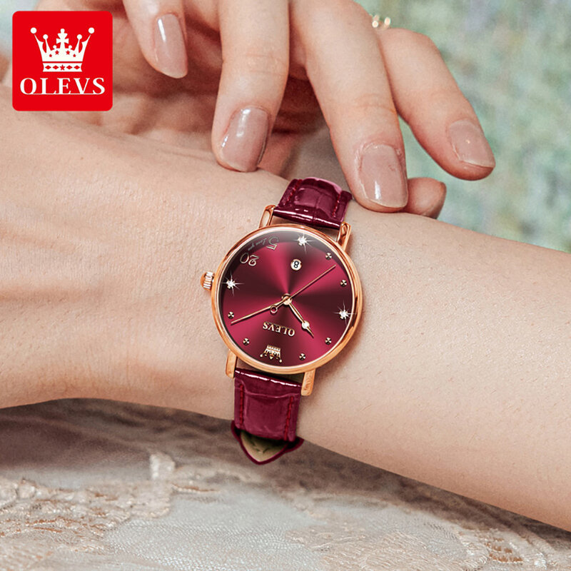 OLEVS jam tangan Quartz wanita antiair, jam tangan merek terkenal, mewah, kulit, sederhana, jam tangan wanita
