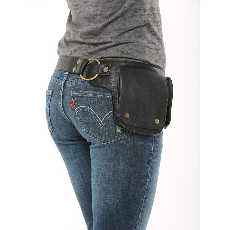 Bolsa de cintura de couro PU medieval feminina, bolsa de ombro vintage, alça de quadril, zíper ajustável, botão