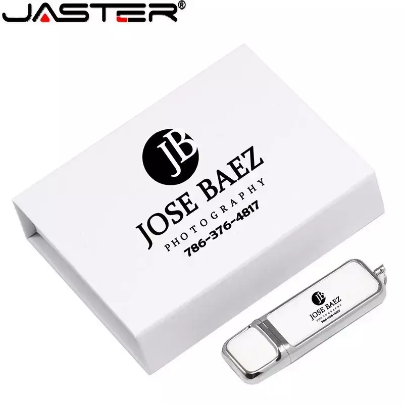 JASTER – clé USB 2.0 en cuir blanc, 4 go, 8 go, 16 go, 32 go, 64 go, 128 go, avec boîte noire, emballage, logo personnalisé