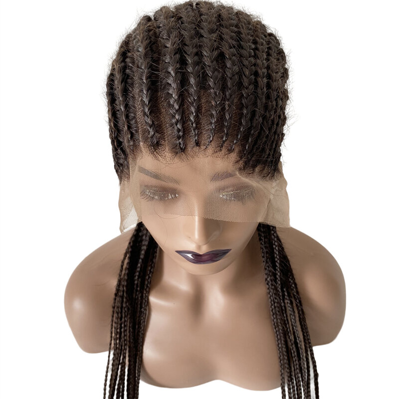 34 Inches Chinese Virgin Human Hair Mix Synthetic Hair Corn Braids Black Color 180% Density Full Lace Wigs for Black Woman