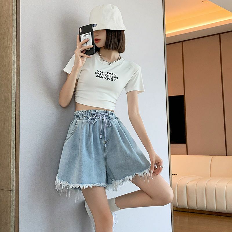 2024 musim semi/musim panas edisi Korea baru ukuran besar Denim tipis A-line kaki lebar elastis lebar pinggang tinggi celana pendek kasual wanita