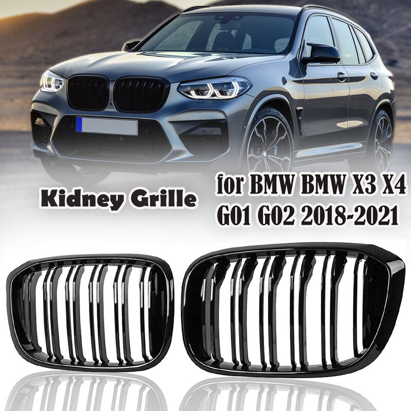 1คู่รถด้านหน้าตะแกรงครอบไฟหน้ารถ Glossy Black Racing Grills 2สาย Dual Slat สำหรับ BMW 3 4 X3 X4 g01 G02 G08 2018 2019 2021
