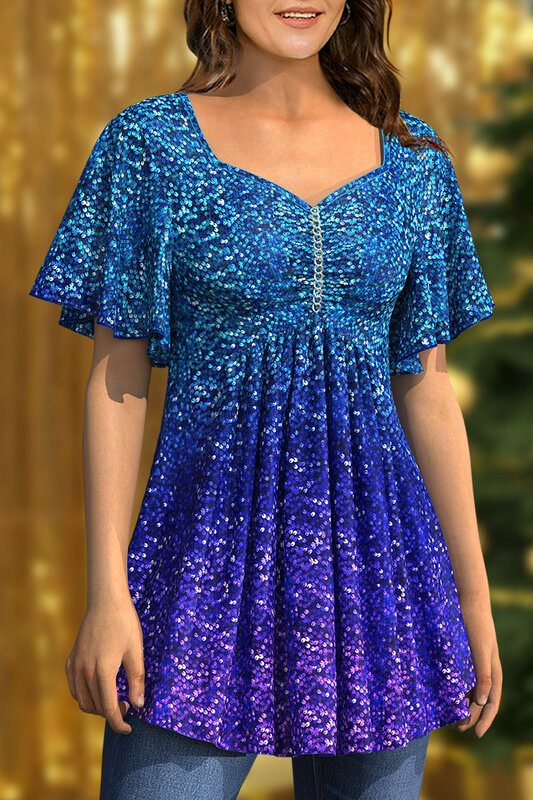 Flycurvy Plus Size Christmas Blue Ombre Sparkly Sequin Print Tunic Blouse