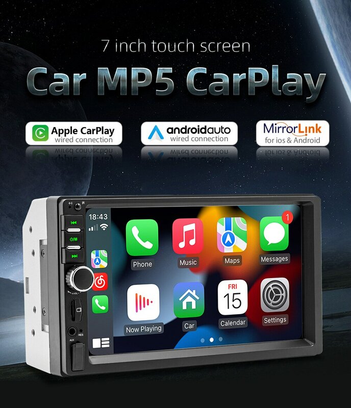 Universal CarPlay pemutar Multimedia mobil, Radio mobil 7 inci 2 Din, pemutar Multimedia untuk Ford VW Golf 7018
