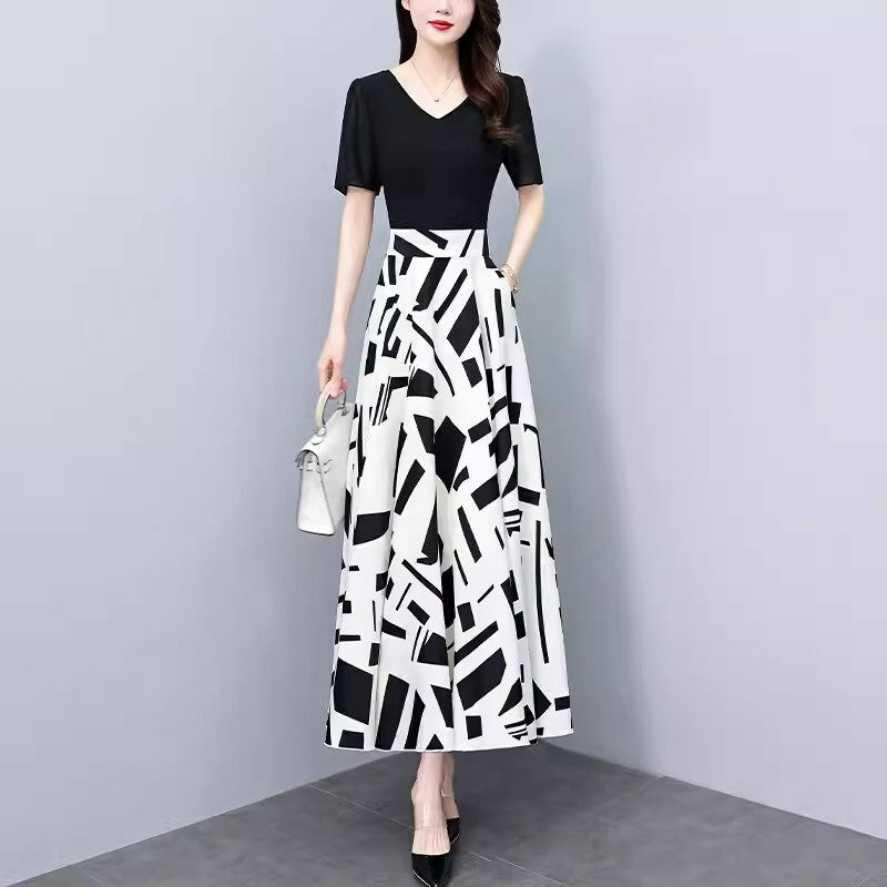 Новое шифоновое платье с принтом, модель 2024 года, модное облегающее Летнее Длинное платье с коротким рукавом и поясом, женская одежда большого размера в Корейском стиле, K857