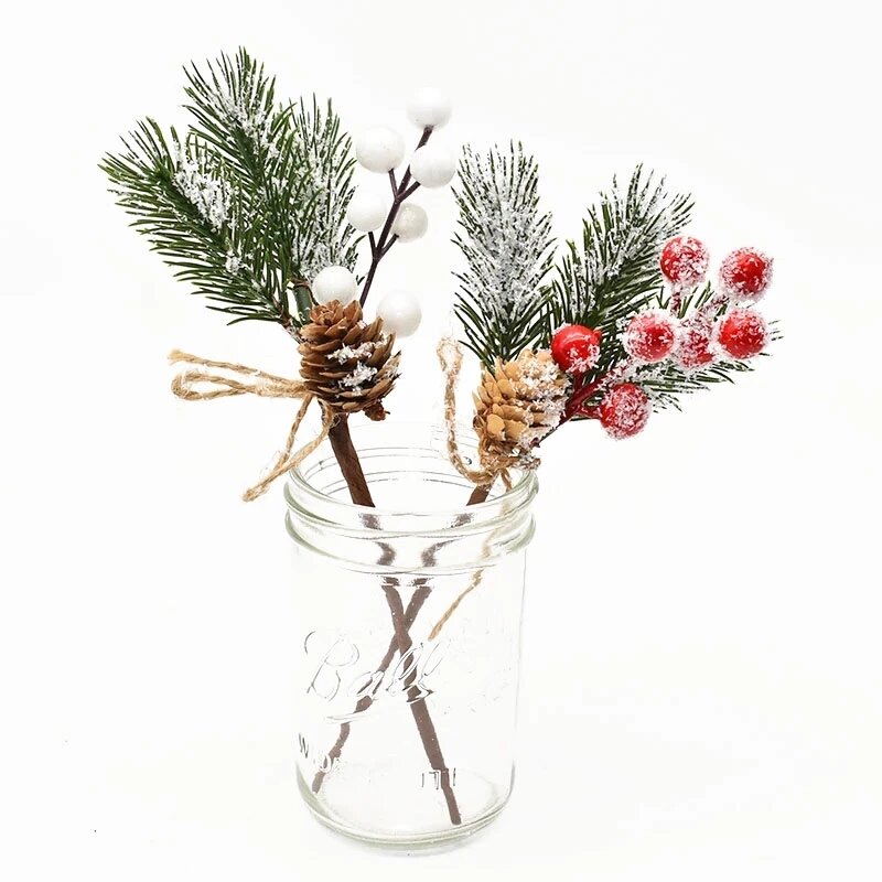 Flor artificial de bayas rojas de Navidad, 5 piezas, rama de cono de pino, decoración de árbol de Navidad, adorno, embalaje de regalo, corona DIY para el hogar