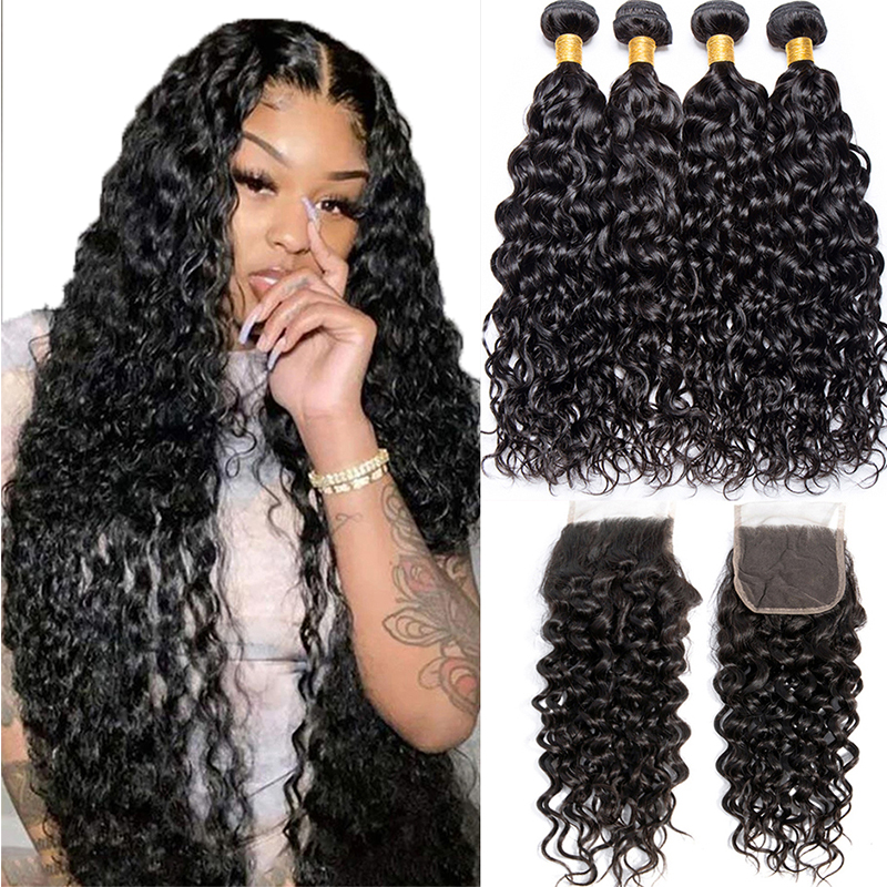 12A Mongolian Water Wave 3 Bundles With Closure Human Hair Bundles With Closure Loose Deep Wave Hair Bundles With Closure